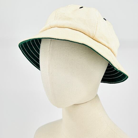 Vintage 80s Columbia Canvas Natural Tan Green Gorpcore Bucket Hat - Picture 1 of 8